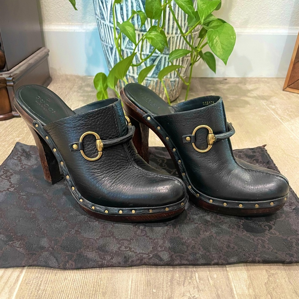 Gucci Horsebit Black Leather Mules Heels Clogs Size 7 B
